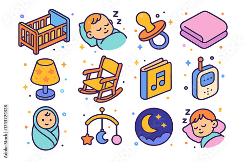 Sleep Routine Icons. Sleep routine. Colorful isometric vector icons set of sleep routine: crib, baby sleeping, pacifier, blanket, night lamp, rocking chair,