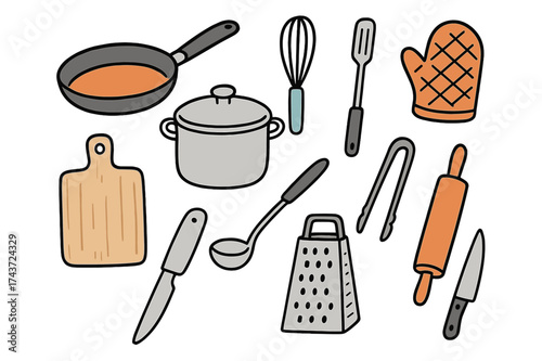 Colorful Kitchen Tools. Cooking Utensils. Hand-drawn doodle illustration frying pan (colored), pot, whisk (colored), spatula, ladle (colored), cutting board,