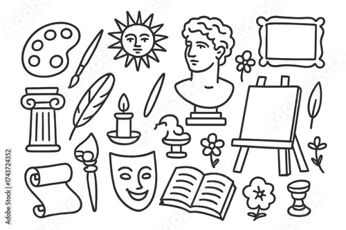Renaissance Art Icons. Renaissance art. Hand-drawn doodle illustration renaissance art palette, brush, easel, canvas, statue, column, scroll, mask, quill,