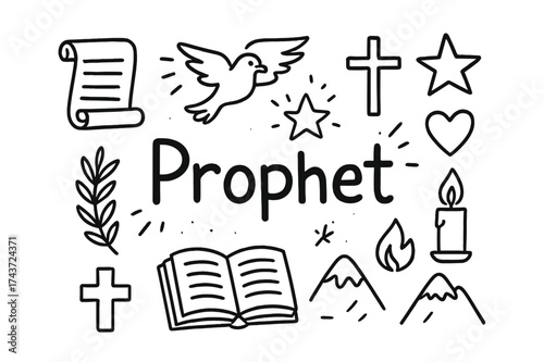 Prophet Doodle Illustration. Prophet. Hand-drawn doodle illustration of Prophet. scroll, bible, rays of light,