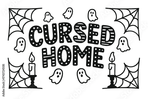Cursed Home Decor. Cursed Home ? Decorative Display Lettering, playful patterned letters with dots and stripes, curved word shape, framed by cobwebs, candles,