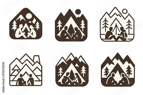 Mountain Hiking Logos. Friends hiking in the mountains, enjoying nature and the outdoors together. Set Logo of tent camp: hikers resting near pitched tent in