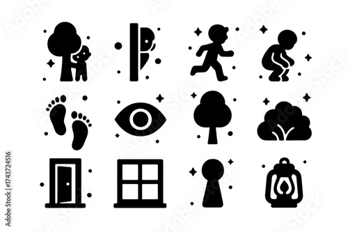 Hide and Seek Icons. Hide and Seek. Solid icons set of Hide and Seek: child hiding behind tree, child peeking, running child, crouching child, footprints, eye