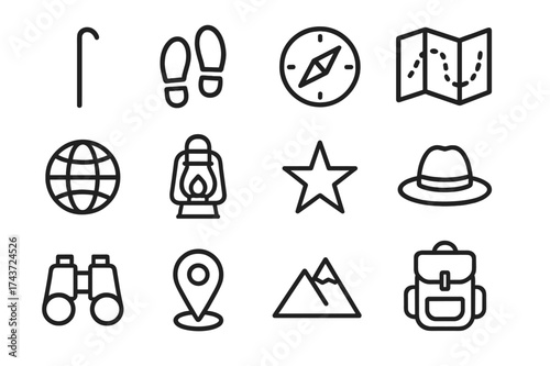 Wayfarer Icon Collection. Wayfarer. Line outline icon set of Wayfarer: walking stick, footprints, compass, map
