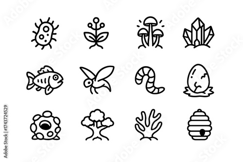 Extraterrestrial Icon Set. Extraterrestrial life. Line icon set of Extraterrestrial life: microbe cell, alien plant, glowing mushroom, crystal lifeform,