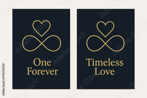 Elegant Infinity Banners. Eternity. Two vertical A6 banners with safe margins, centered composition, no elements touching edges, modern minimal, navy and gold,