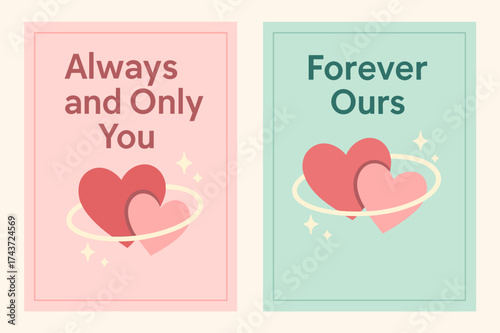 Romantic Heart Banners. Romance. Two vertical A6 banners with safe margins, centered composition, no elements touching edges, flat vector design, pastel pink