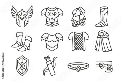 Elven Armor Icon Set. Elven armor. Line icon set of Elven armor: helmet with wings, chestplate with runes, gauntlets, greaves, elven boots, shoulder pads,