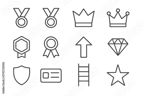 Membership Icon Set. Membership Tiers. Line outline icon set of Membership Tiers: bronze medal, silver medal,