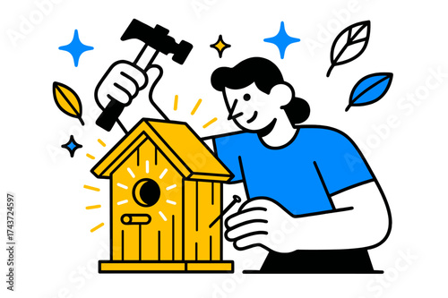 Creative Birdhouse Assembly. Birdhouse crafting. A glowing wooden birdhouse being assembled with hammer and nails, abstract floating stars and leaves