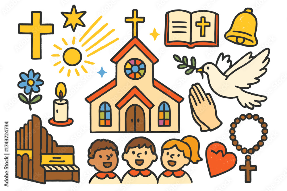 Fototapeta premium Colorful Church Doodle. Church. Colorful Hand-drawn doodle Children illustration Church building, cross, stained glass, bible, candle, bell, dove, praying