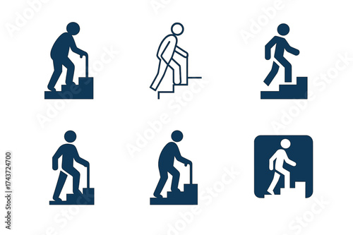 Elderly Mobility Logos. Physical wellness and mobility for the elderly. Set Logo of step by step: elder silhouette walking up gradual stairs. harmonious logo