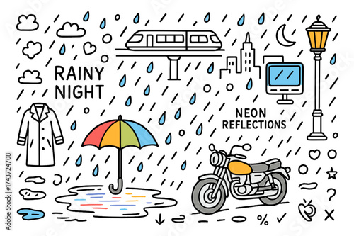 Neon Rainy Night. Rainy Night. Hand-drawn doodle illustration umbrella (colored), raindrops, neon reflections (colored), puddle, street lamp (colored), trench