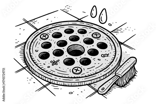 Floor Drain Close-Up. Floor Drain Cover Close-Up. Hand-drawn doodle illustration floor drain cover close-up circular metal grate, holes, screws,