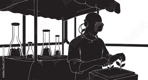 Futuristic scientist in virtual reality headset tending to a small plant in a laboratory setting with scientific equipment