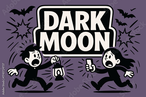 Dark Moon Adventure. Dark Moon banner, flat vector illustration, bold oversized text inside sticker outline, cartoon characters running and shouting near