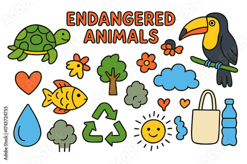 Endangered Animals Doodle. Endangered Animals. Colorful Hand-drawn doodle Children illustration turtle, bird, fish, tree, flower, water droplet, smoke cloud,