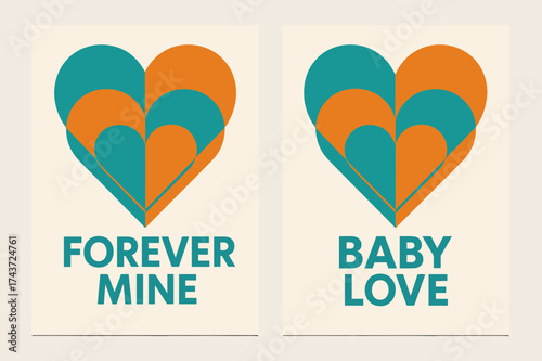 Geometric Heart Banners. Union. Two vertical A6 banners with safe margins, centered composition, no elements touching edges, geometric style, turquoise and