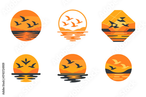 Bird Migration Logos. A flock of birds migrating across the sky at sunset, silhouetted against the colorful horizon. Set Logo of reflective water: birds flying