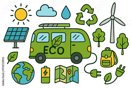 Eco-Friendly Camper Vans. Green Technology Vans. Colorful Hand-drawn doodle Children illustration camper van, solar panel, wind turbine, electric plug,