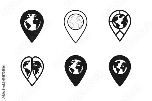 Logo Variations Grid. Travel destinations. Set Logo of world map pin: location marker integrated with map. harmonious logo variations of the same emblematic