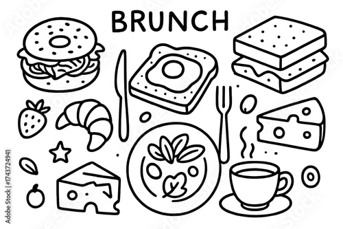 Brunch Doodle Delight. Brunch. Hand-drawn doodle illustration brunch bagel with salmon, egg, bread, cheese, fork, knife, plate, coffee cup, croissant, star,