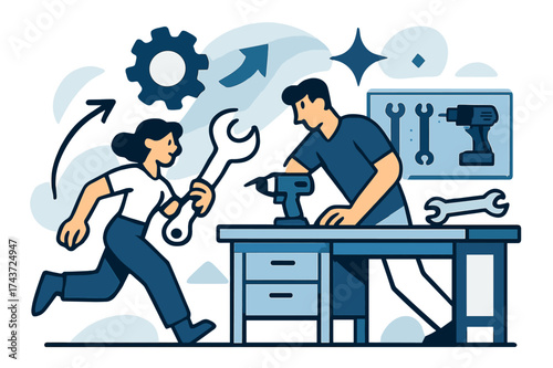 Dynamic Workshop Glow. Tooling and equipment. Glowing workshop with workbenches, drills, and wrenches neatly arranged. Floating icons of gear, sparkle, and