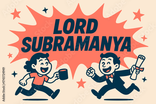 Subramanya Celebration Poster. Lord Subramanya banner, flat vector illustration, bold oversized text inside splash explosion, cartoon characters running and