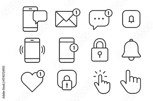 Mobile Alert Icons. Mobile alerts. Line icon set of Mobile alerts: smartphone, push notification, message icon, email, chat bubble, app alert, vibration,