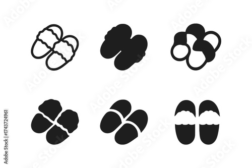 Fuzzy Slippers Logos. Fuzzy Slippers. Set Logo of Fuzzy Slippers: slipper pair. harmonious logo variations of the same emblematic concept, each with different