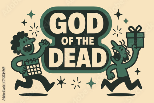 Festive Underworld Celebration. God of the Dead banner, flat vector illustration, bold oversized text inside sticker outline, cartoon characters shouting and