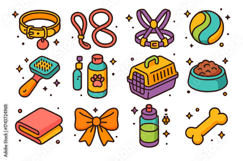 Colorful Pet Accessories Icons. Pet Accessories. Colorful isometric vector icons set of pet accessories: collar, leash, harness, toy ball, grooming brush,