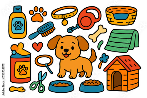 Colorful Pet Care Doodles. Pet Care. Colorful Hand-drawn doodle Children illustration Puppy, shampoo bottle, brush, collar, leash, paw print, dog food, toy