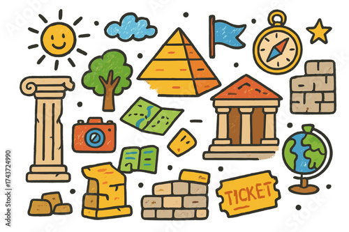 Vibrant Ancient Ruins Doodle. Ancient Ruins. Colorful Hand-drawn doodle Children illustration broken column, pyramid, temple, stone wall, map, compass, globe,