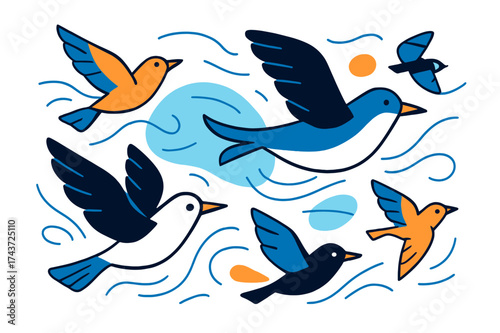 Stylized Birds in Flight. Flying Birds. A group of stylized birds soaring in the sky, abstract lines showing wind and movement around them. Minimal yet dynamic