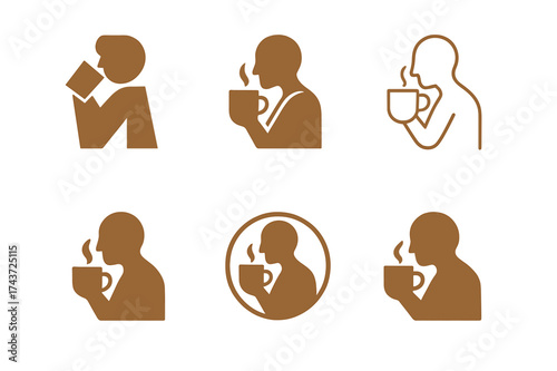 Coffee Logo Designs. Drinking coffee. Set Logo of Lifestyle: cafe scene icon. harmonious logo variations of the same emblematic concept, each with different