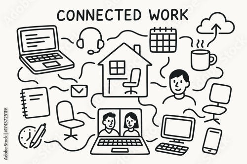 Work from Home Desk. Connected Work. Hand-drawn doodle illustration connected work laptop (accented), office desk, home office (accented), video call, calendar
