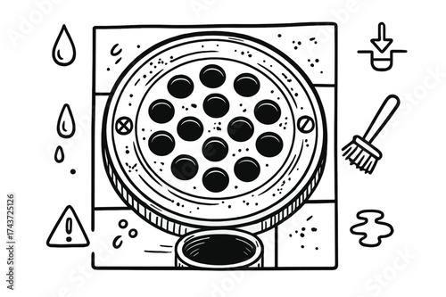 Doodle Drain Cover. Floor Drain Cover Close-Up. Hand-drawn doodle illustration floor drain cover close-up round grate, circular holes, water drops, screws,
