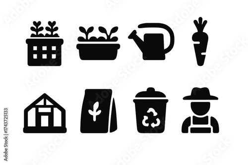 Urban Farming Icons. Urban farming. Filled icon set of Urban farming: rooftop garden, planter box, watering