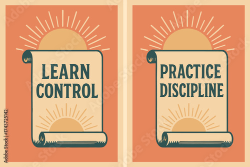 Retro Sunrise Banners. Mindset. Two vertical A6 banners with safe margins, centered composition, no elements touching edges, retro style, coral and teal,