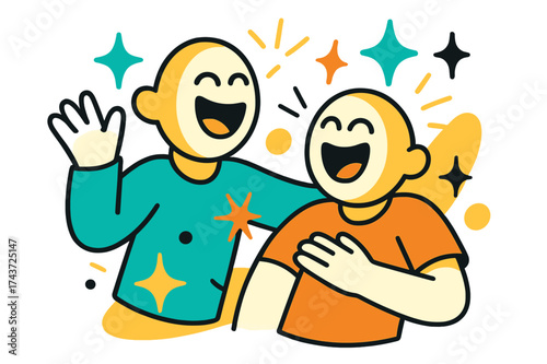 Joyful Glowing Friends. Joyful Companions. Two glowing friends laughing together, abstract floating spark and star shapes orbiting to show happiness. Modern