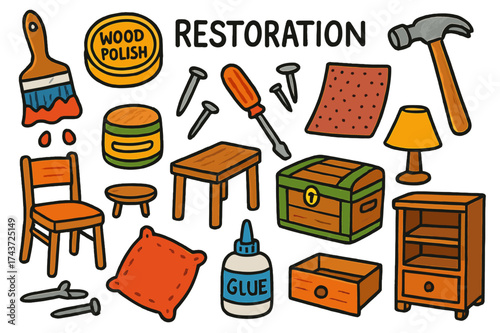 Furniture Restoration Tools. Restoration. Colorful Hand-drawn doodle Children illustration Restoration paintbrush, wood polish, screwdriver, hammer, nails,