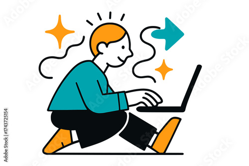 Dynamic Focused Typing. Focused Work. A glowing character typing on laptop with abstract floating spark and arrow icons symbolizing concentration. Modern