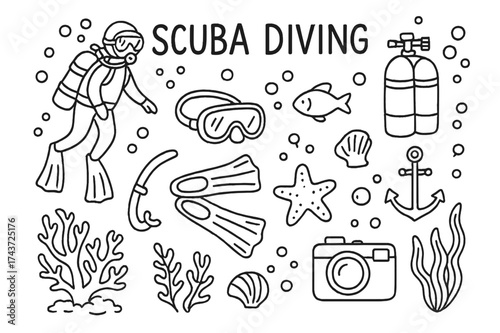 Scuba Diving Doodle. Scuba Diving. Hand-drawn doodle illustration scuba diving diver, scuba tank, mask, fins, snorkel, coral reef, fish, starfish, bubbles,