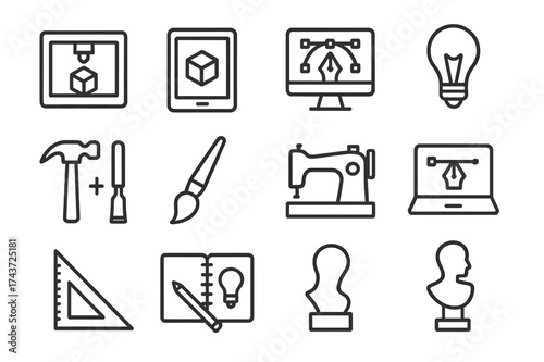 Craft Innovation Icons. Craft innovation. Line outline icon set of craft innovation: 3D printer, tablet,