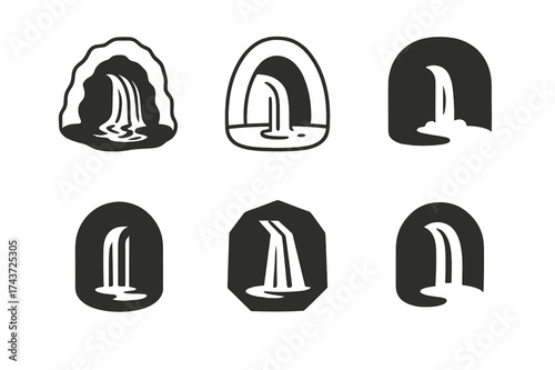 Waterfall Logo Variations. Waterfalls. Set Logo of Waterfalls: hidden grotto falls. harmonious logo variations of the same emblematic concept, each with