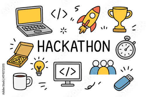 Hackathon Doodle Icons. Hackathon. Hand-drawn doodle illustration laptop (colored), coding brackets, rocket (colored), stopwatch, pizza box (colored), coffee