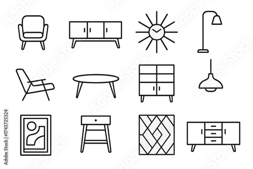 Mid-Century Icon Set. Mid-century modern. Line icon set of Mid-century modern: armchair, teak sideboard, sunburst clock, floor lamp, lounge chair, coffee