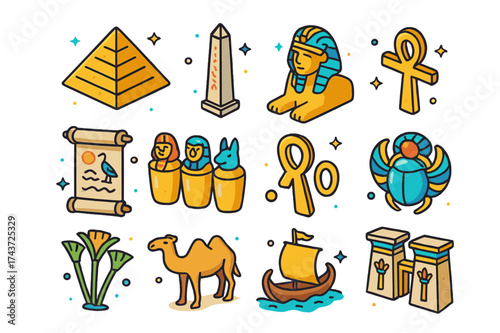 Ancient Egypt Icons. Ancient Egypt. Colorful isometric vector icons set of ancient Egypt: pyramid, sphinx, obelisk, pharaoh statue, hieroglyph scroll, canopic