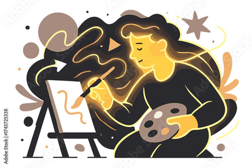 Artistic Imagination Unleashed. Creative inspiration. Glowing artist sketching and painting, abstract floating shapes and light trails emphasizing imagination,